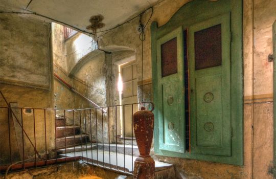 Verlassenes, schmutziges Treppenhaus mit Grün.